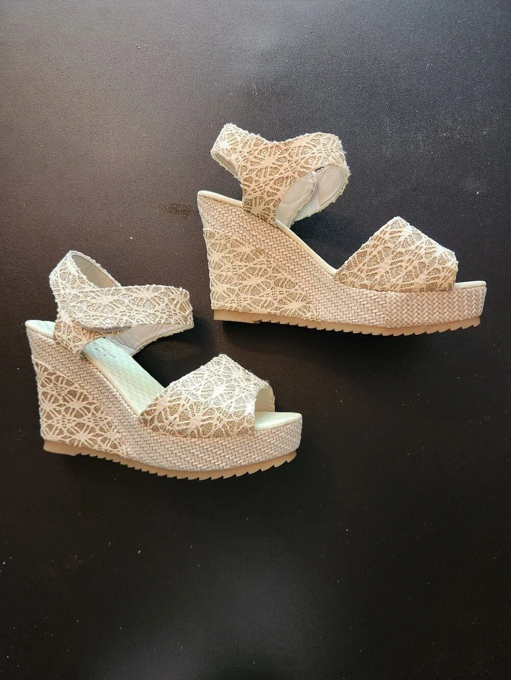 Womens Lace Espadrille Wedge Sandals - Cream
